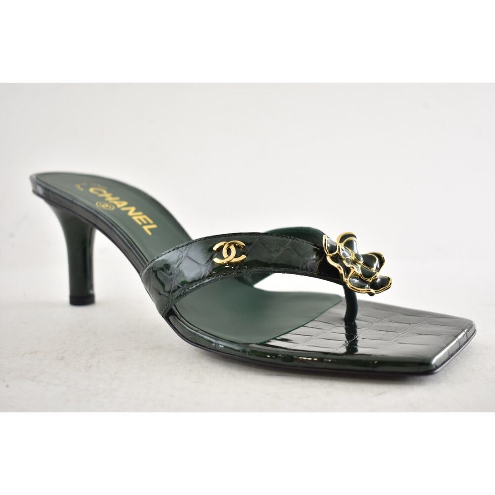 Chanel 26A Green Crocodile Croc CC Flower Backless Mule Heel Thong Sandal 39 - Picture 8 of 16